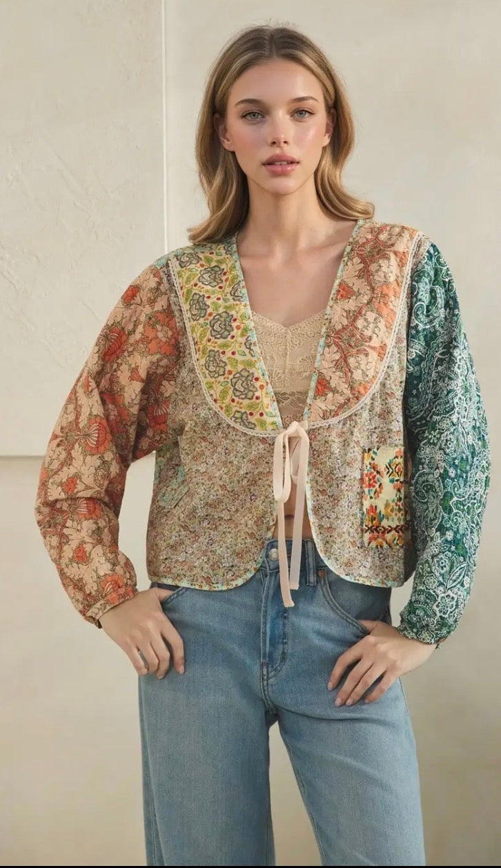 Oh love Tie front closure patchwork floral print cropped jacket - Stay Wild Collective