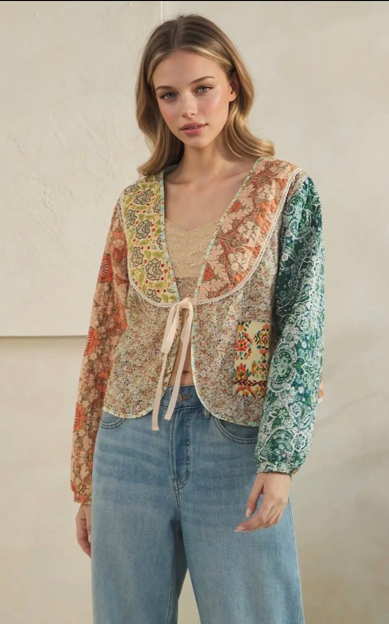 Oh love Tie front closure patchwork floral print cropped jacket - Stay Wild Collective