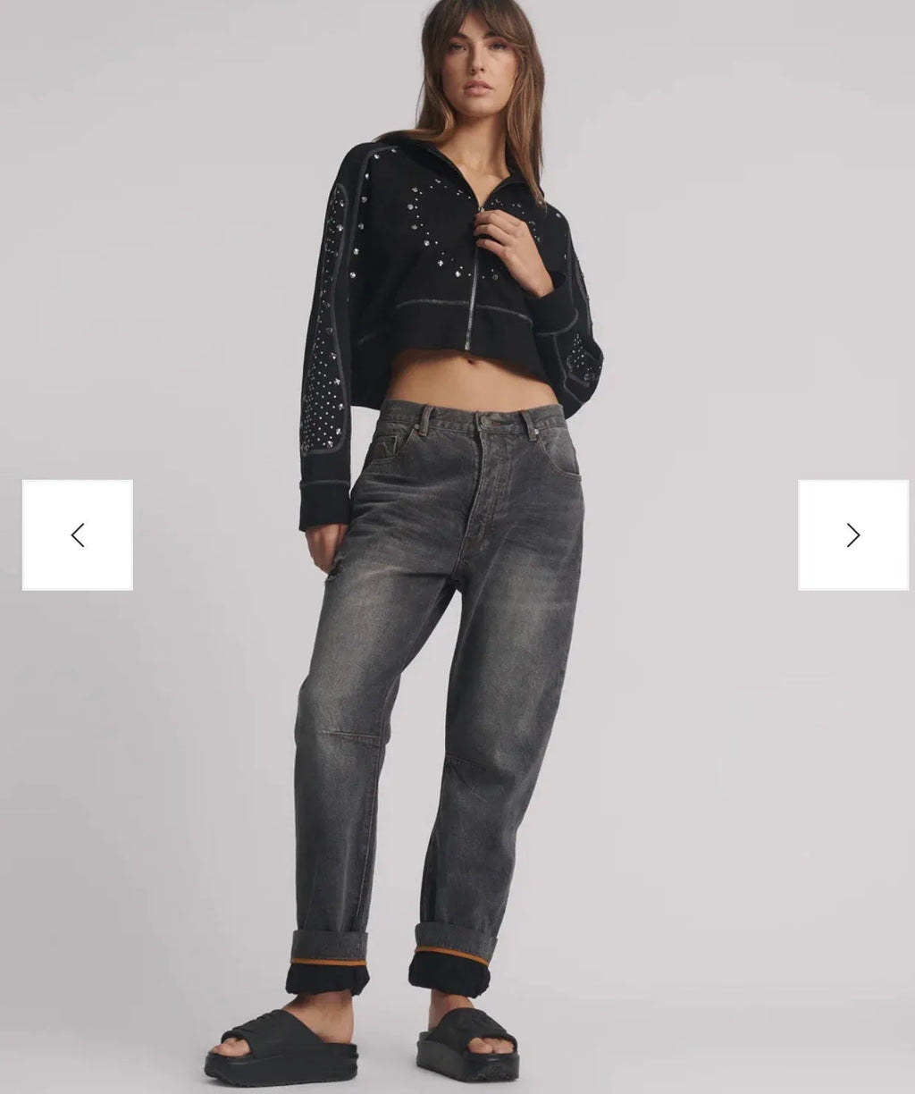 person wearing One teaspoon Bandits Low Waist Boyfriend Denim Jeans - Worn Black SALE - Stay Wild Collective  