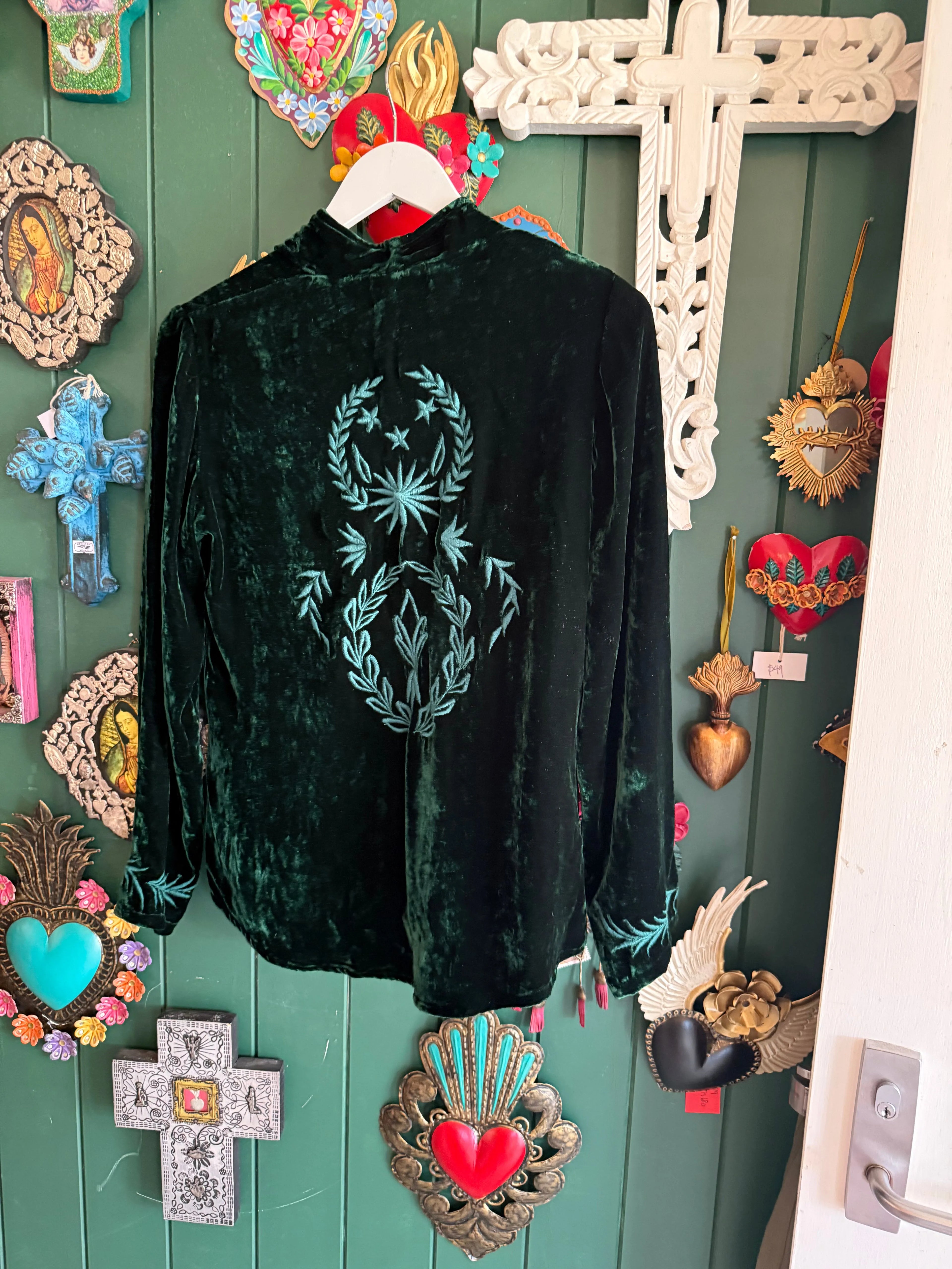 Otomo Audrey silk velvet embroidered jacket emerald - Stay Wild Collective  