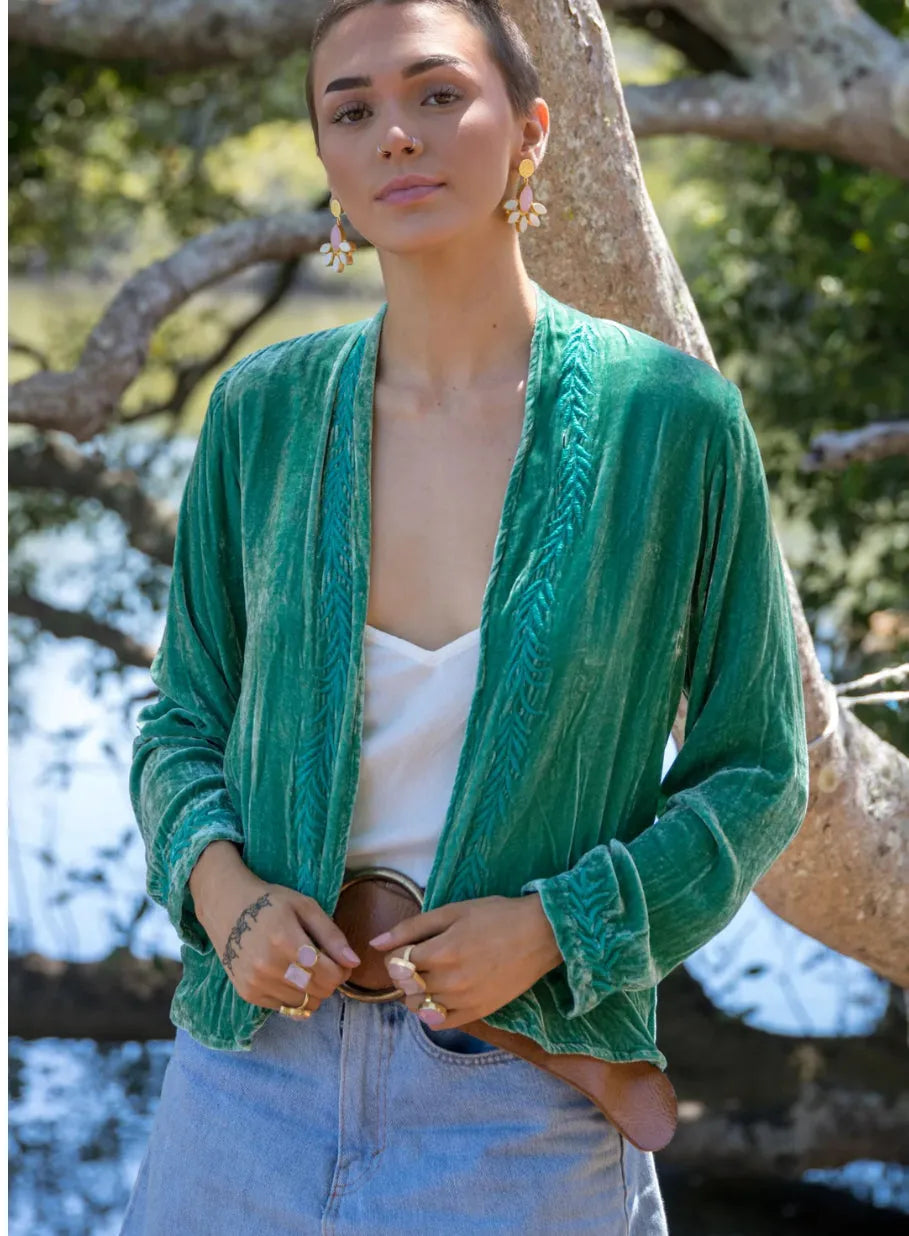 Otomo Audrey silk velvet embroidered jacket emerald - Stay Wild Collective  
