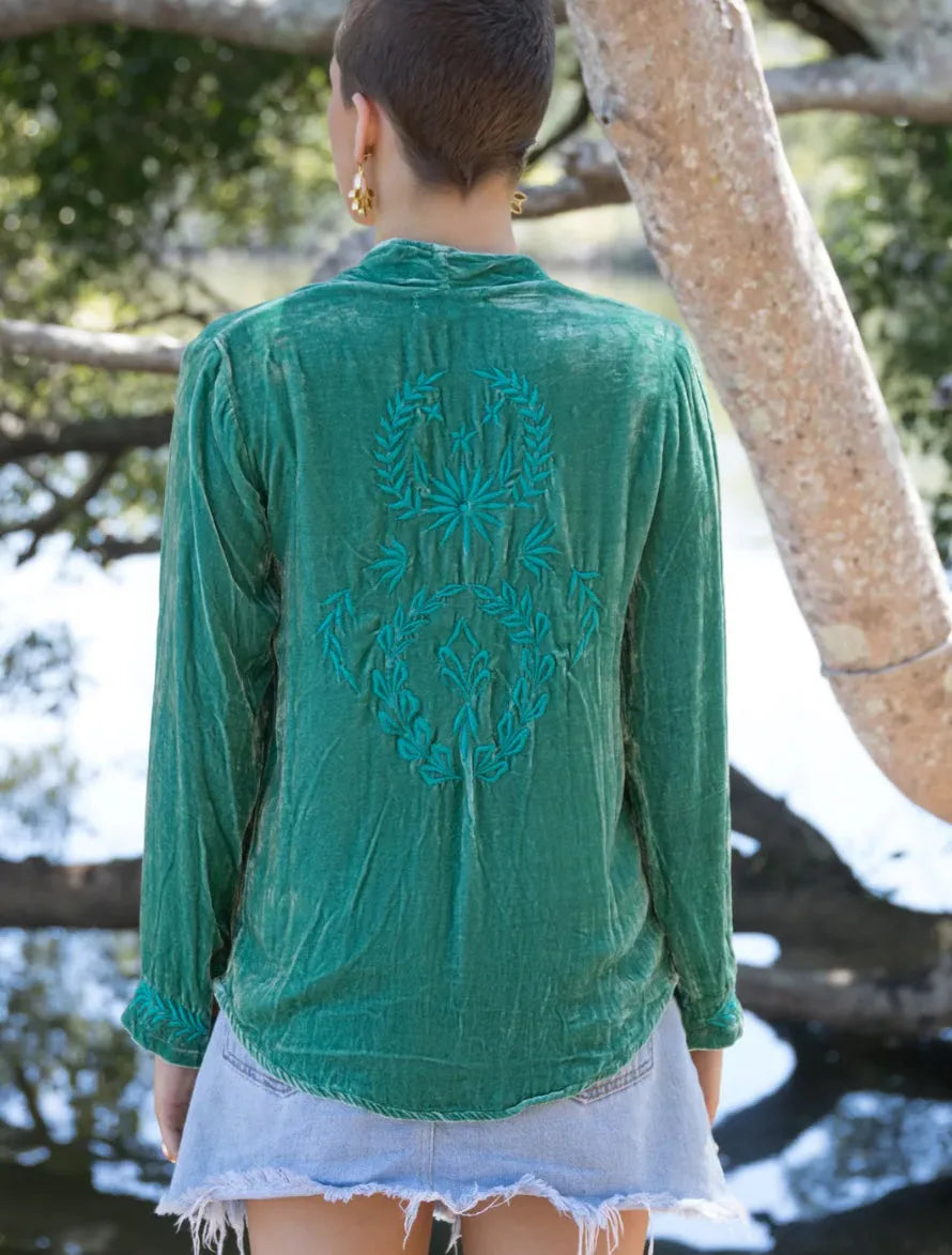 Otomo Audrey silk velvet embroidered jacket emerald - Stay Wild Collective  