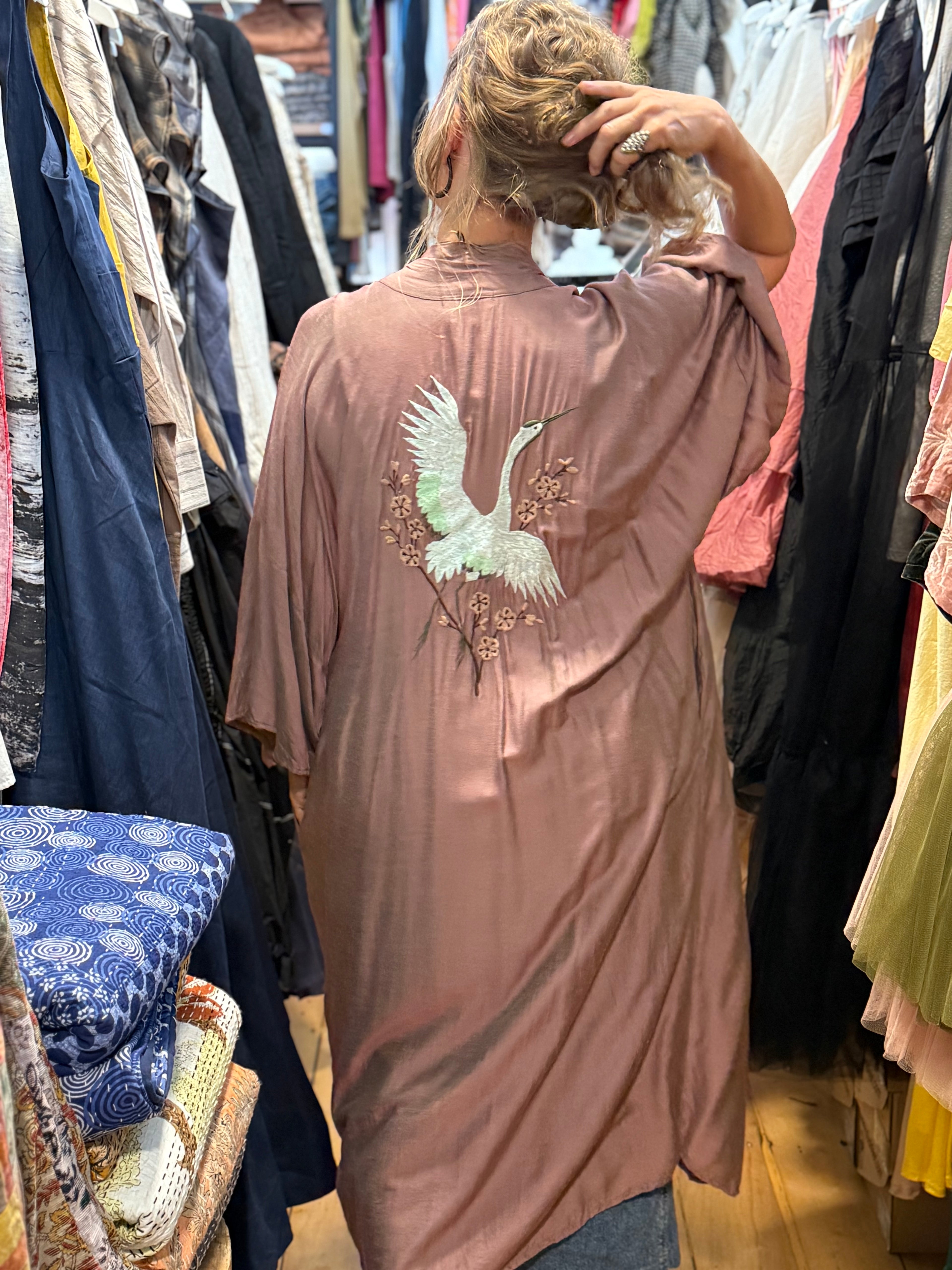  Otomo Crane Kimono Long O/S silk /linen - Stay Wild Collective  Kimono Outerwear