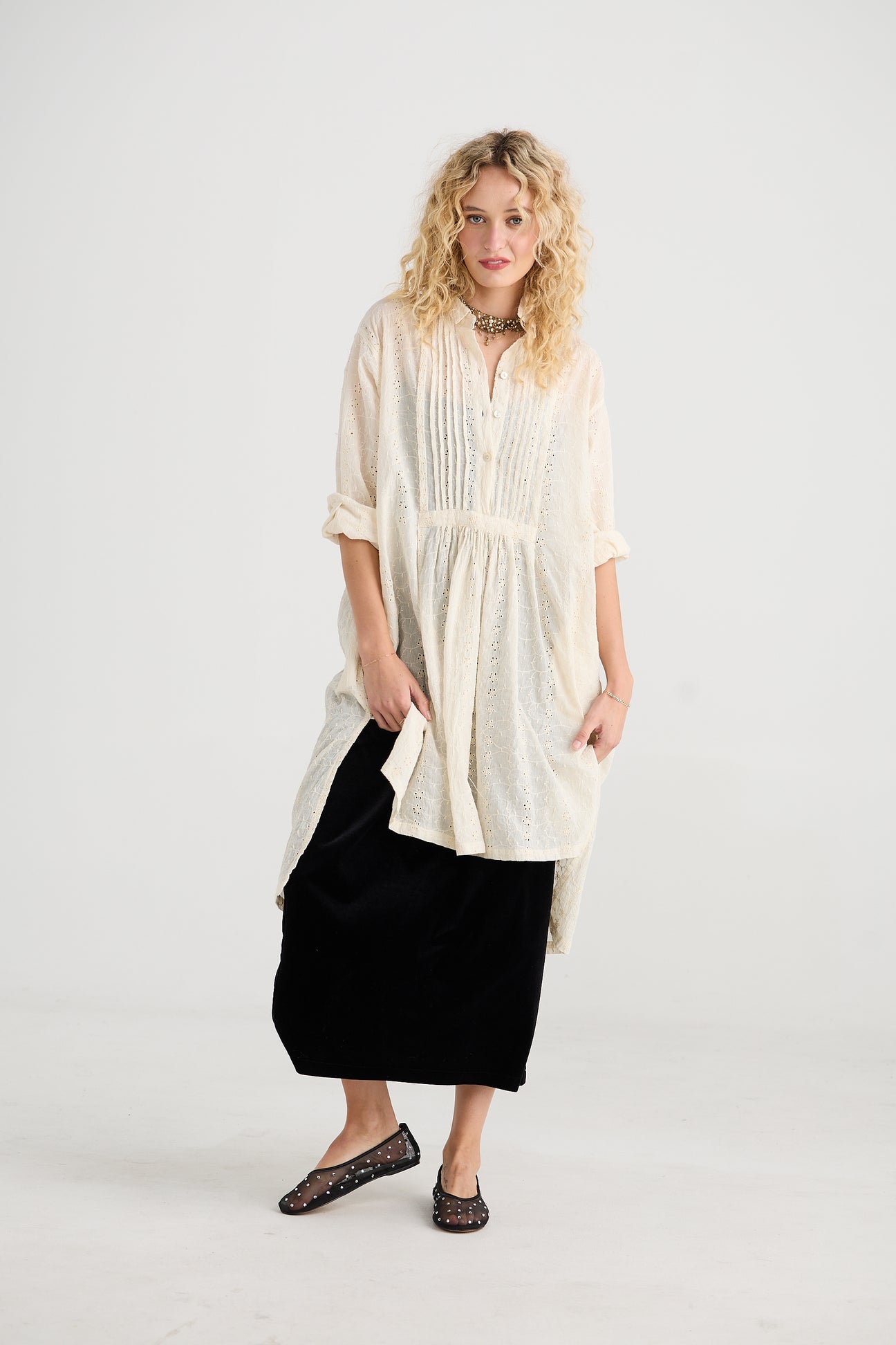 Prairie Long cotton lace shirt. Powder Pink - Stay Wild Collective