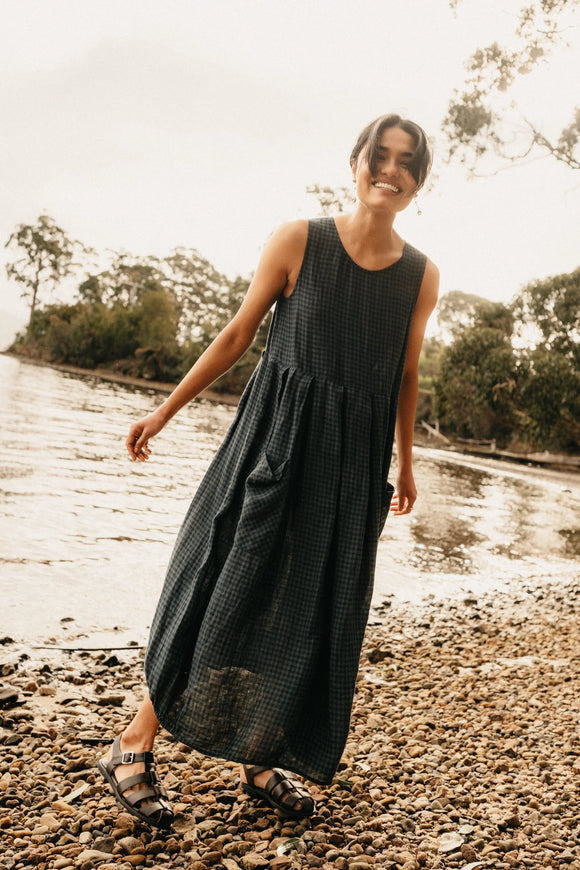 Pre order Montaigne Sartene French Linen Dress in Blue Green Check