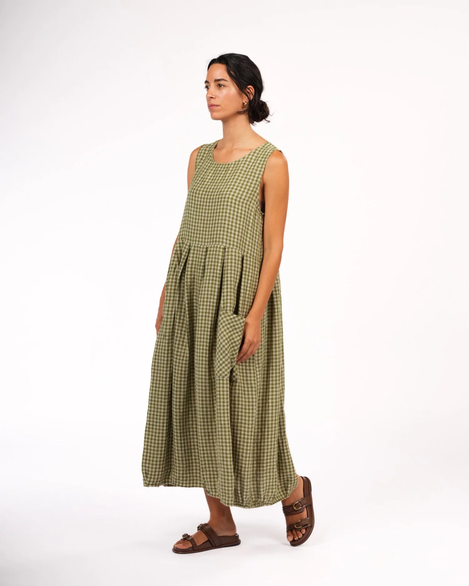  Sartene French Linen Dress in Tiny olive Gingham - Stay Wild Collective  
