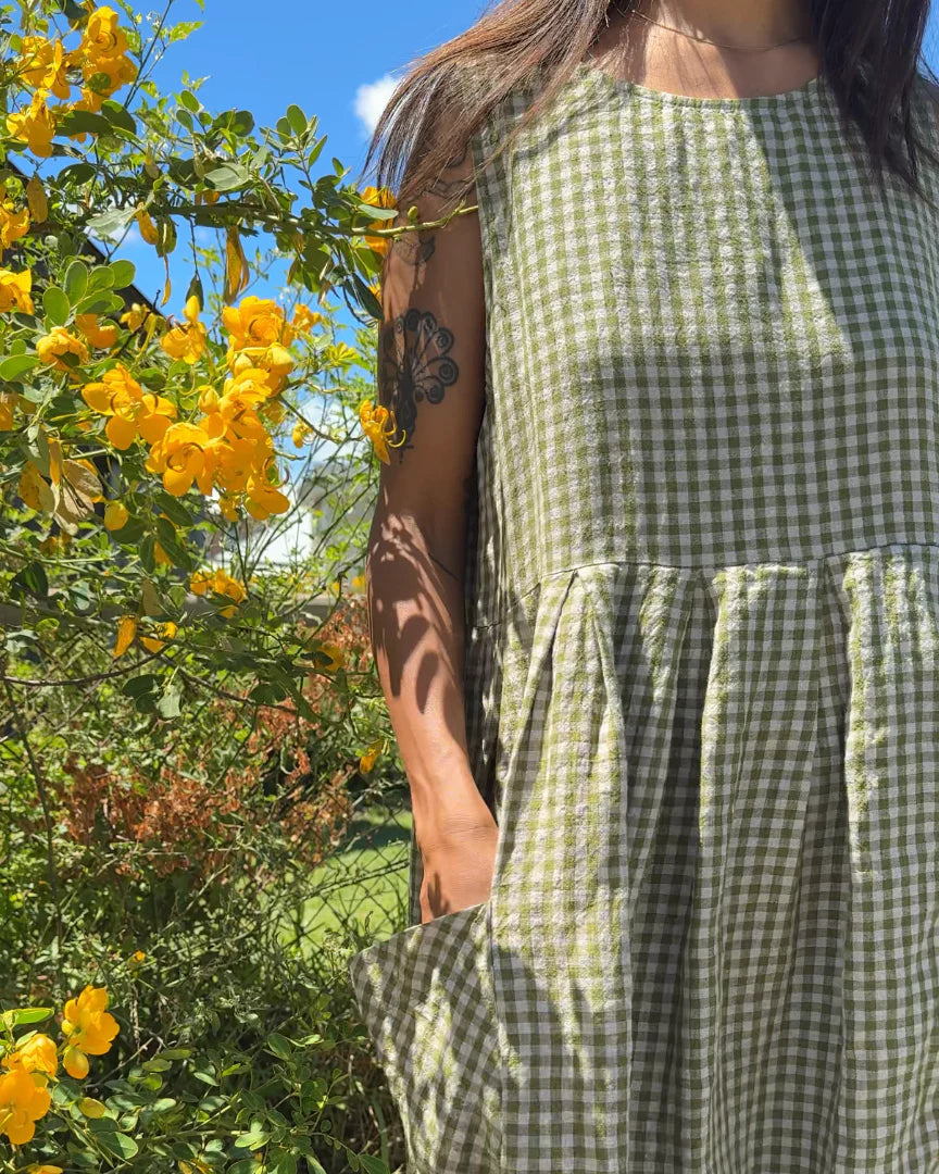  Sartene French Linen Dress in Tiny olive Gingham - Stay Wild Collective  