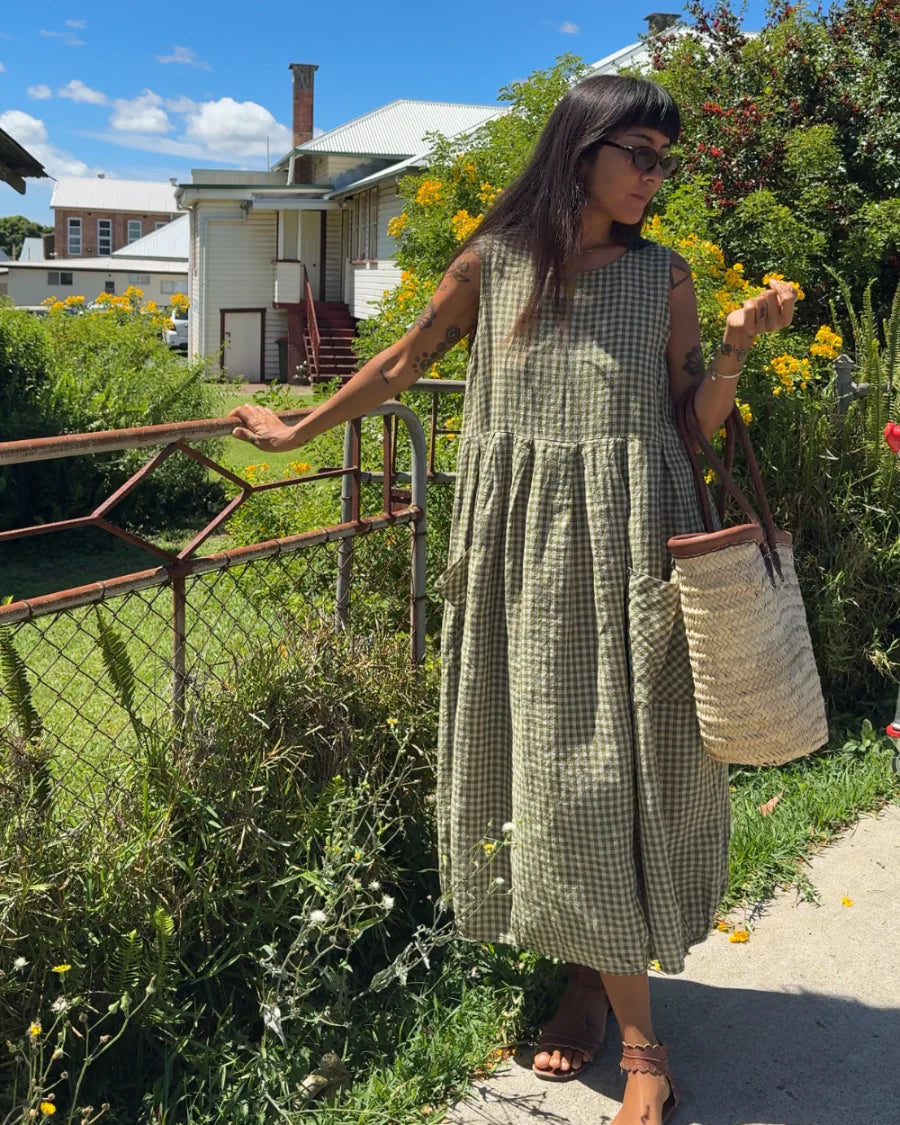  Sartene French Linen Dress in Tiny olive Gingham - Stay Wild Collective  