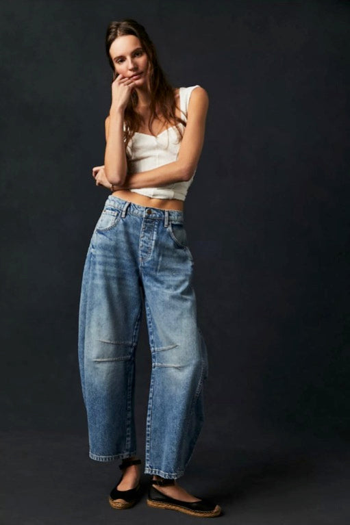Free People Good Luck Mid-Rise Barrel Jeans - Blue