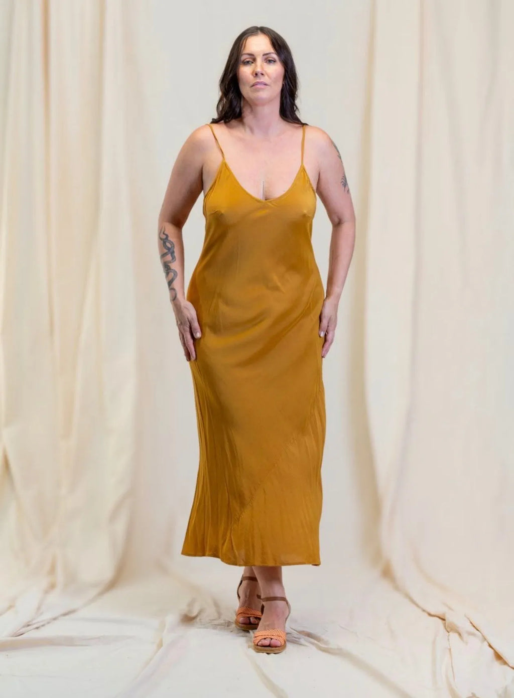 person wearing Silk/satin  slip gold long - Stay Wild Collective  