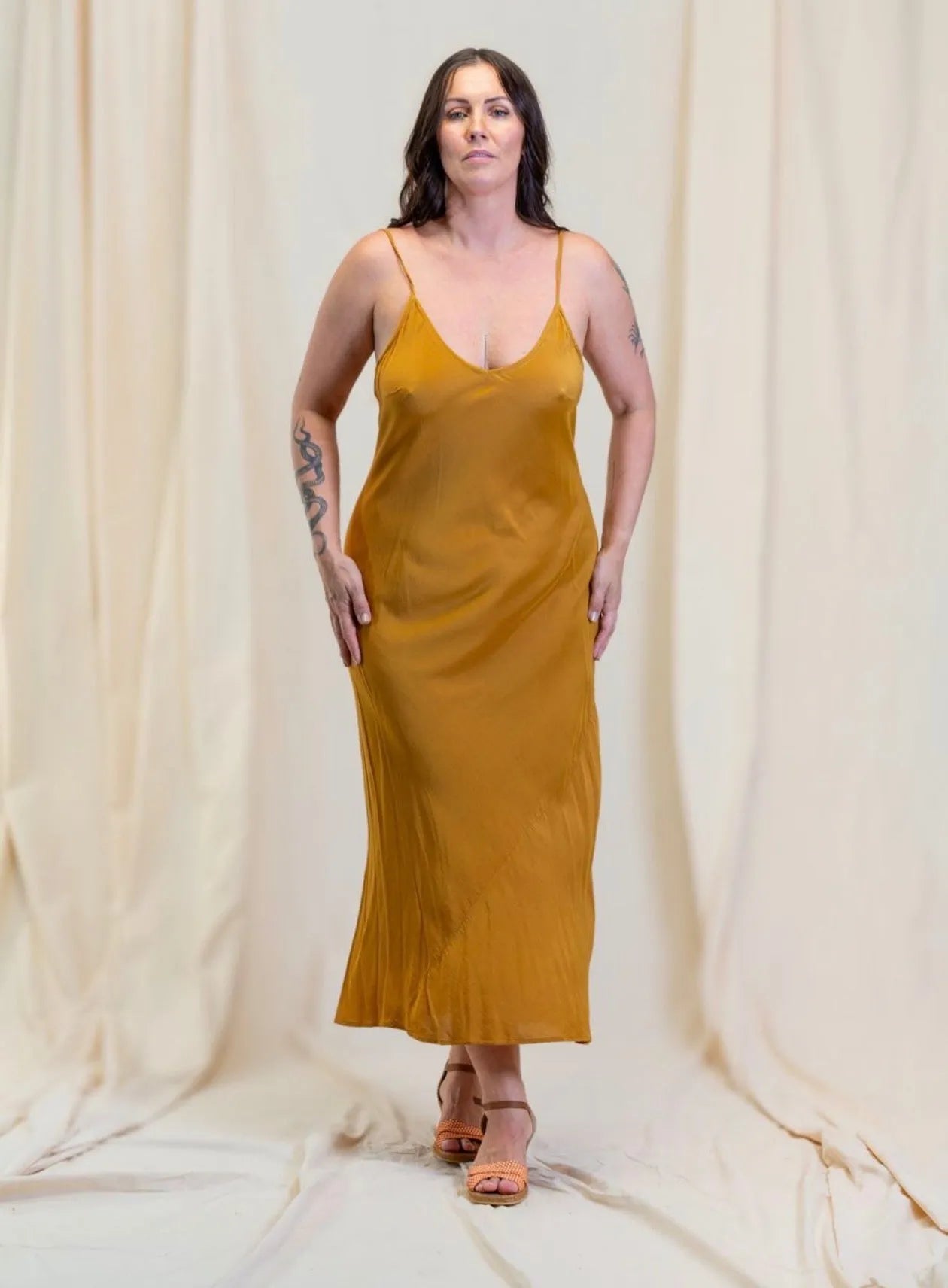 person wearing Silk/satin  slip gold long - Stay Wild Collective  
