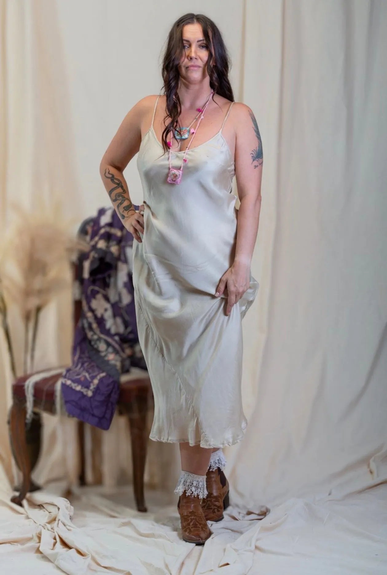 person wearing Silk/satin slip long stone - Stay Wild Collective  