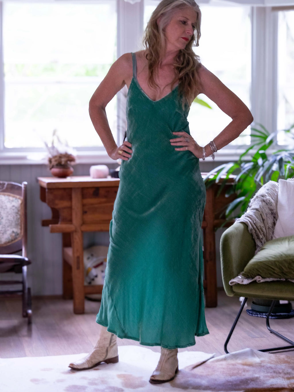 person wearing Silk velvet slip maxi aqua - Stay Wild Collective  