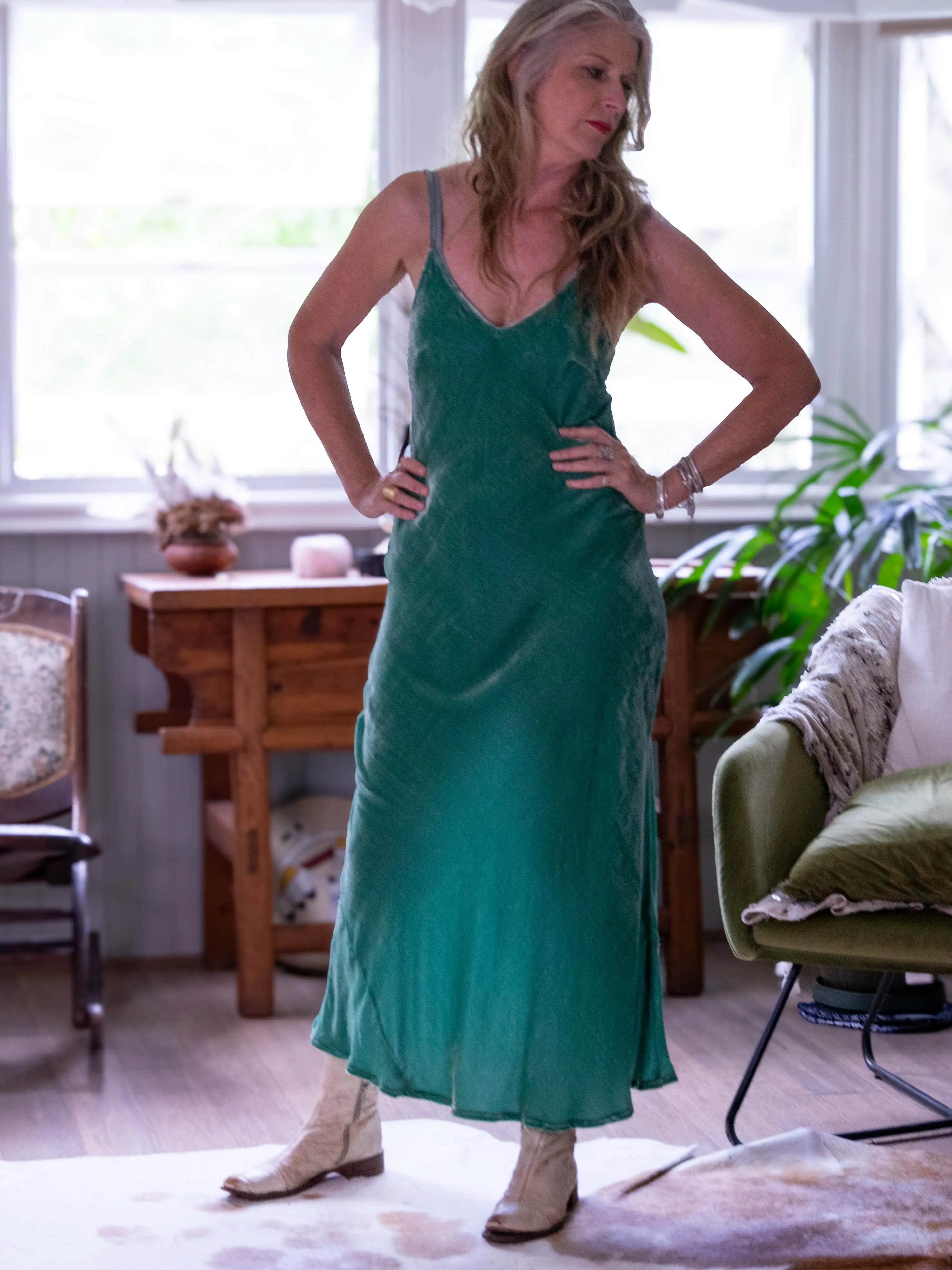 person wearing Silk velvet slip maxi aqua - Stay Wild Collective  