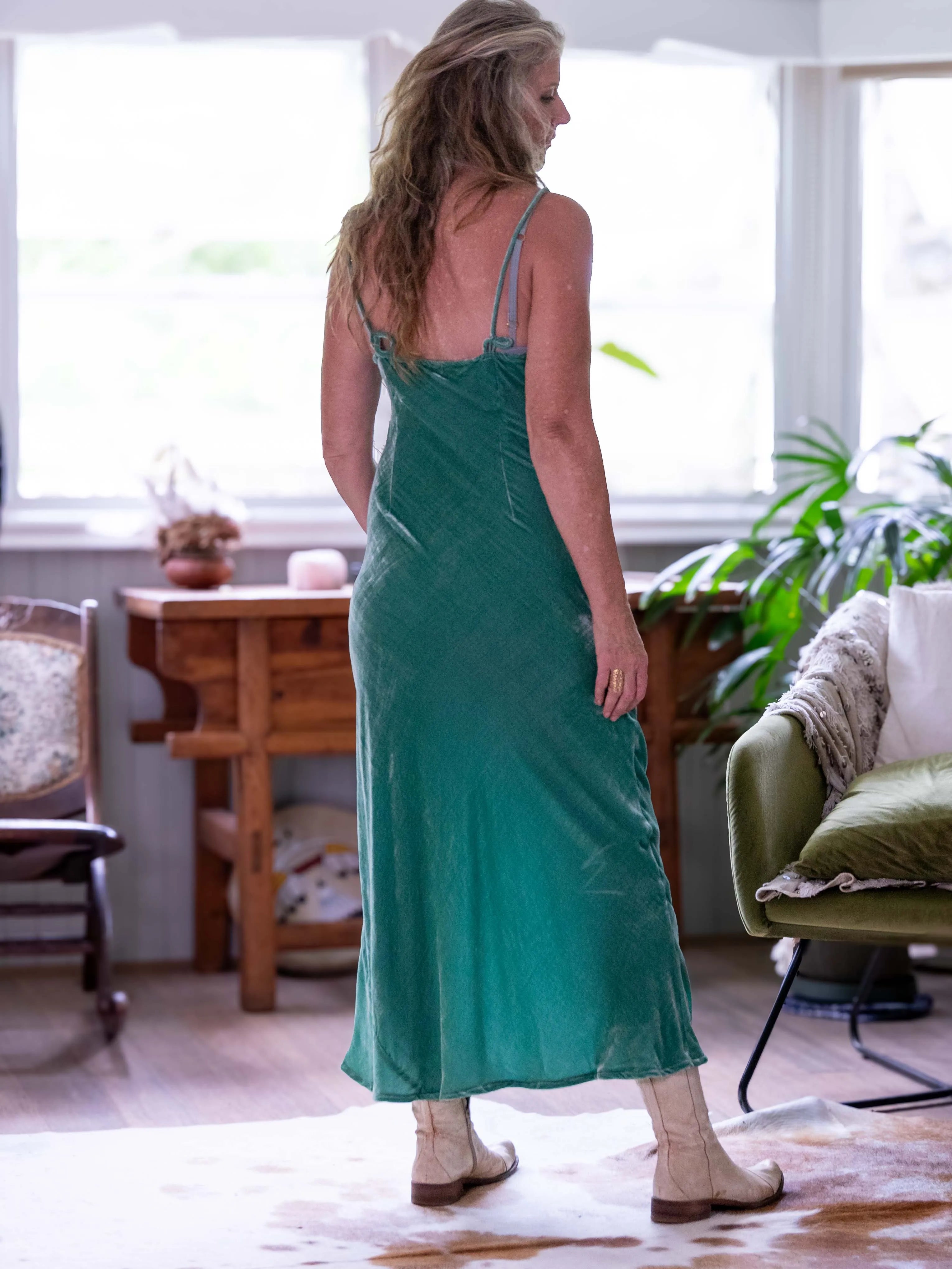 person wearing Silk velvet slip maxi aqua - Stay Wild Collective  
