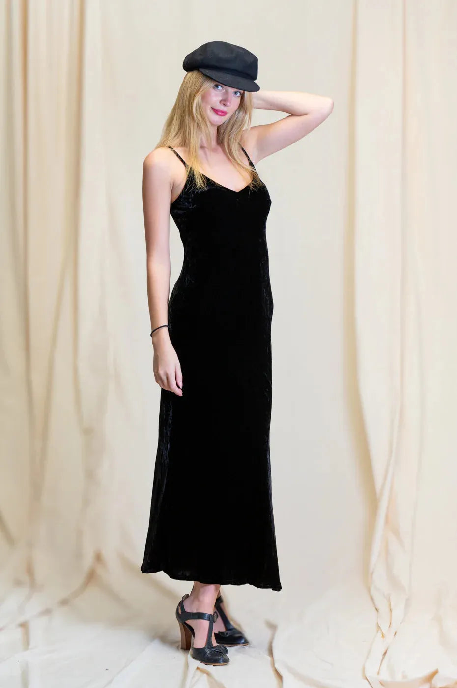 person wearing Silk velvet slip maxi black - Stay Wild Collective  