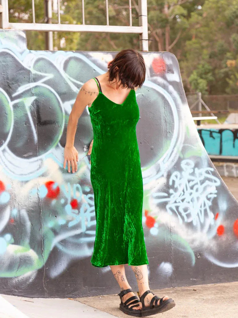 person wearing Silk velvet slip maxi green - Stay Wild Collective  