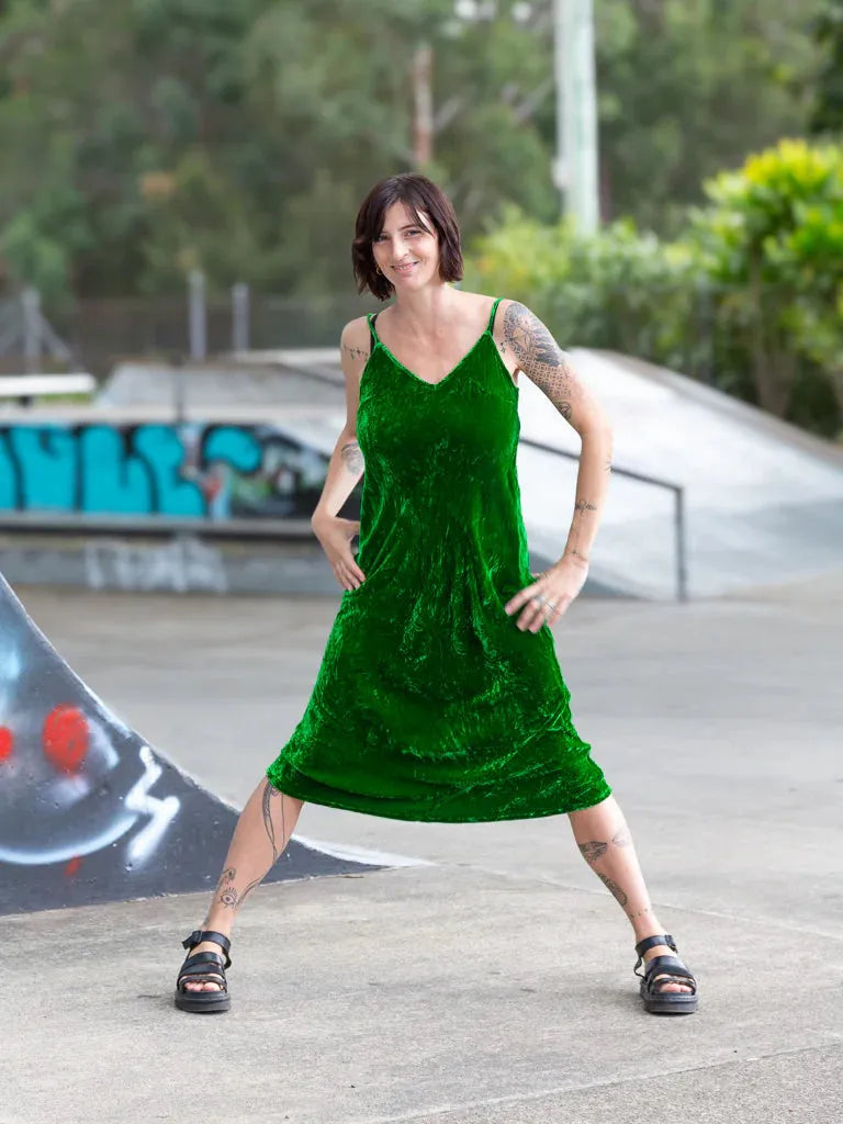 person wearing Silk velvet slip maxi green - Stay Wild Collective  