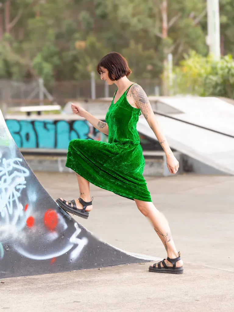 person wearing Silk velvet slip maxi green - Stay Wild Collective  