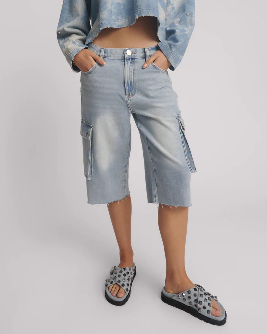  Skater Girl Low Waist Super Long Leg Denim Jorts - Soft Blue SALE - Stay Wild Collective  