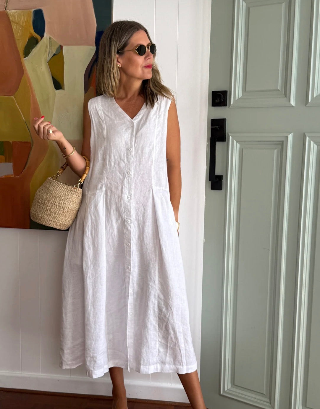   Sorrento Button-Through French Linen V-Neck Dress - Stay Wild Collective  