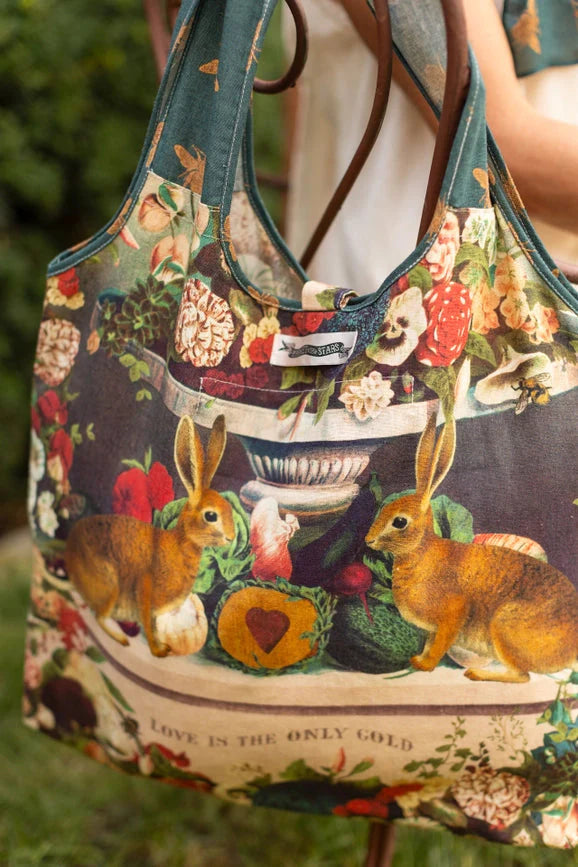 Stay Gold Boho Linen Tote Bag | Rabbits, Flowers & Bees Stay Gold Boho Linen Tote Bag | Rabbits, Flowers & Bees