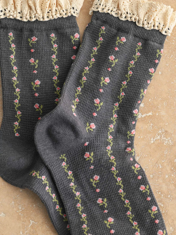 Floral Print Crochet Trim Socks - Stay Wild Collective  