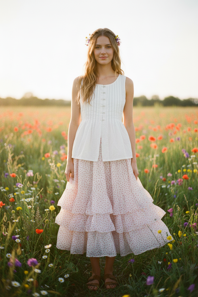 Janni White Top & Wendy Polka Dot Skirt – Front Facing Spring Editorial
