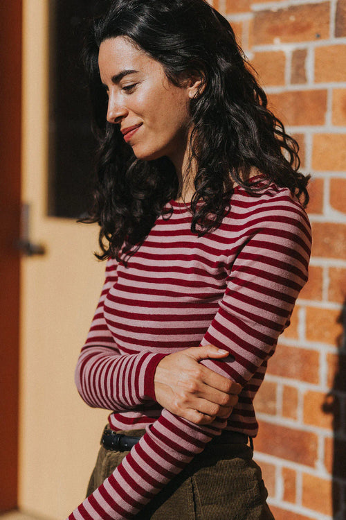   Women’s 100% Australian Merino Wool Knit Spencer – Lightweight Layering Essential Montaigne stripe - Stay Wild Collective  