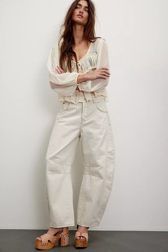 Free People Good Luck Mid-Rise Barrel Jeans | Milk