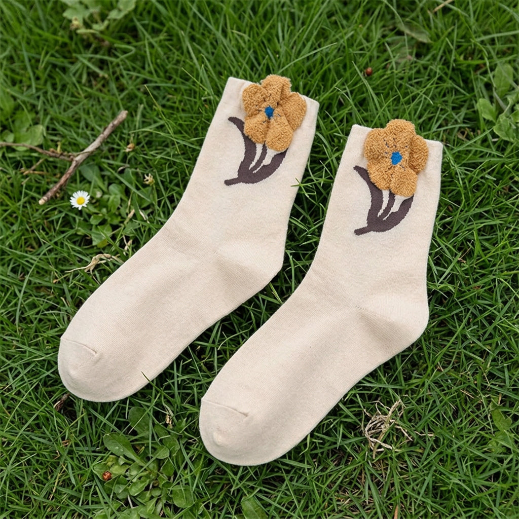 3D flower embroider soft crew socks