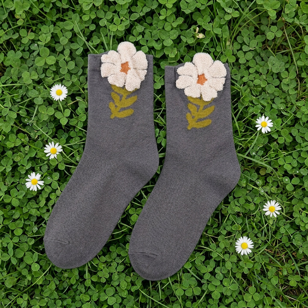 3D flower embroider soft crew socks