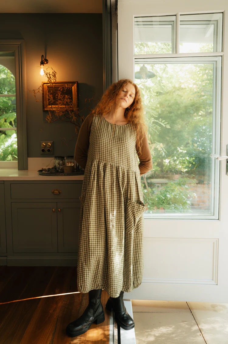 Sartene French Linen Dress in tiny olive Gingham