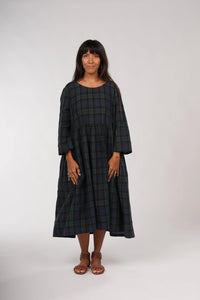Montaigne Journee French Linen Dress in Blue Tartan