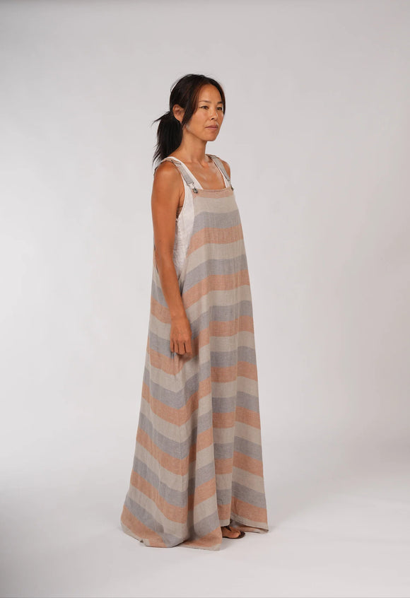 Montaigne Overall-Style Maxi Linen Dress in Stripe
