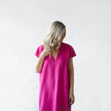 Linen V Neck  | Neon Pink